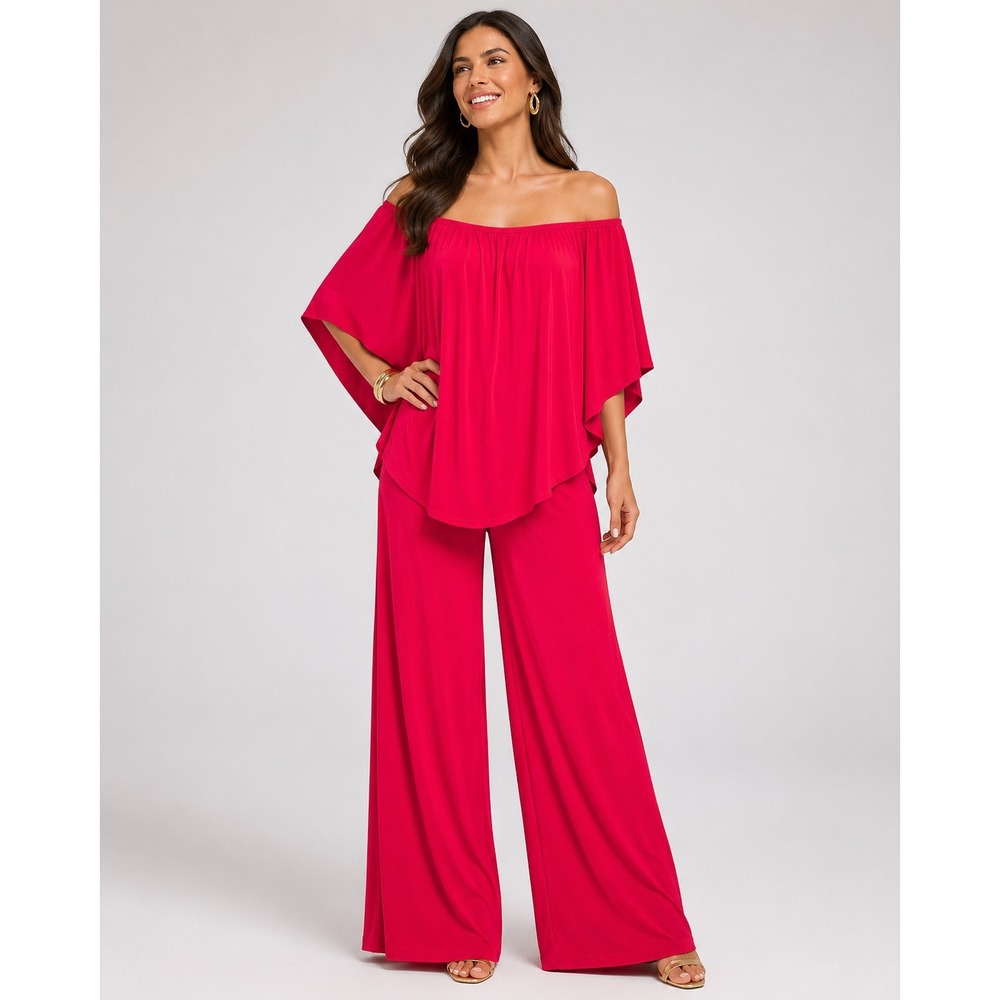 Boston Proper Jumpsuit sz M Red Off Shoulder Popover Wide Leg boho